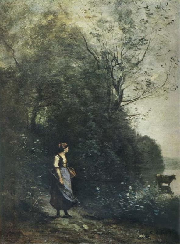 Jean Baptiste Camille  Corot Landscape with a peasant Girl grazing a Cow at the Edge of a Forest